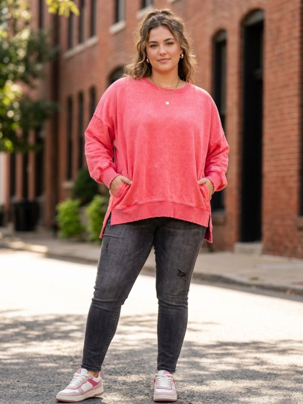 Pink Mineral Washed High Low Oversized Tunic Sweatshirt 1X Pockets